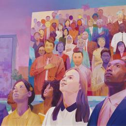 painting featuring people of many races looking up and palces their hands on their hearts