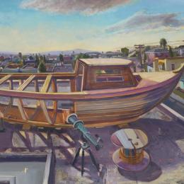 painting of half completed boat on a roof